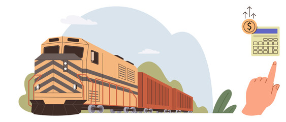 Naklejka premium Freight train carrying containers across a landscape. Hand calculating transportation costs with a calculator. Ideal for logistics, freight, budgeting, transportation economy, trade, cost analysis