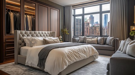 Interior view of warm-toned bedroom, bed centered with full linens, plush carpet detail, urban window with skyline backdrop, and stylish grey sofa next to wardrobe