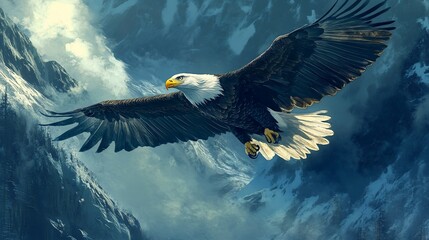 Majestic Bald Eagle soaring freely above the snow-capped mountain range