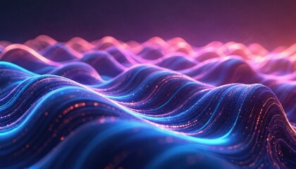 Obraz premium Abstract 3D render with wavy background neon rays and glowing colorful lines. Ultraviolet light, neon illumination creates visual of digital fiber optic data streams. Modern tech and science backdrop.