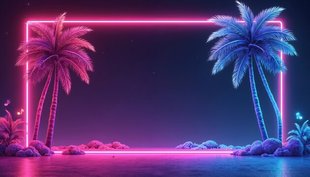 Neon 80s retro music banner with palm trees against vibrant dark sky. Night club, holiday event flyer design, invitation card. Night party background.