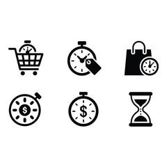 Time Sensitive Shopping Icons Black and White Minimalist Design E commerce Retail Marketing Urgency Deadline Sale Timer Clock Hourglass