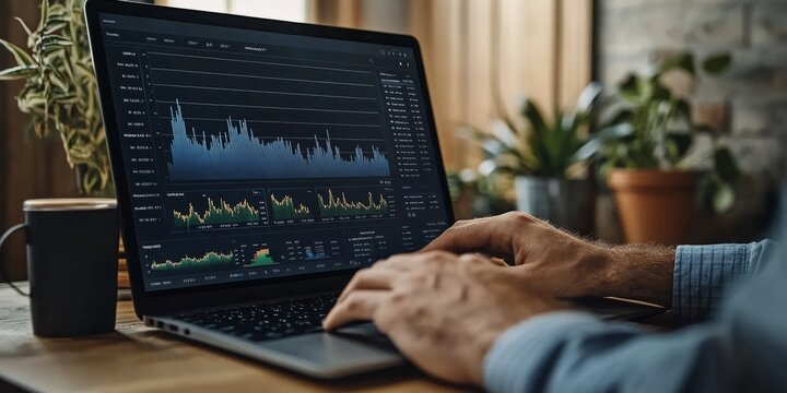 Man working on a laptop with financial graphs, cup of coffee and green plant on the desk, cozy atmosphere.
