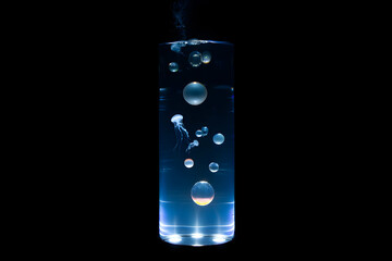 Jellyfish Among Radiant Bubbles in Dark Water