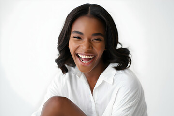 Joyful woman smiling brightly in white blouse