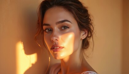 Beautiful woman portrait illuminated by natural sunlight. Elegant female model with natural makeup. Fashion beauty campaign for cosmetic and skincare products. Fresh, healthy, minimal, warm tones.