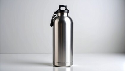 A minimalist stainless steel sport bottle mockup — featuring a sleek, matte finish with clean lines, subtle reflections, and a neutral background. Ideal for branding presentations