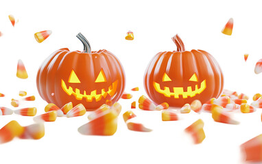 Jack-o'-lantern pumpkins surrounded by candlelight perfect for Halloween atmosphere isolated on transparent background PNG