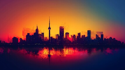 Dramatic Toronto Skyline Silhouette Reflecting on Water at Sunset