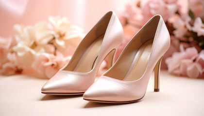 Elegant pink high heels with floral background