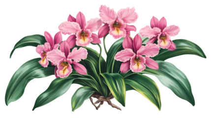 Delicate pink orchid blossoms create a vibrant botanical display with rich foliage against a transparent background.