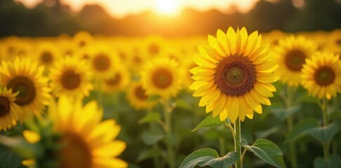 Vibrant yellow sunflowers in a field bathed in golden sunlight, creating a stunning natural landscape A perfect image for summer, nature, and happiness themes , rural, flowers, green