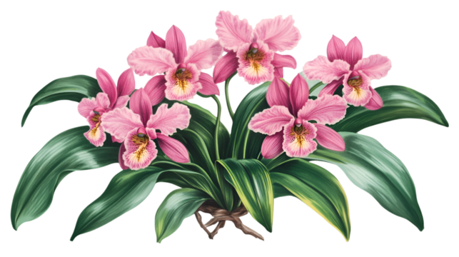 Delicate pink orchid blossoms create a vibrant botanical display with rich foliage against a transparent background.