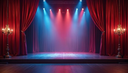 Theater stage with vibrant red curtains. Spotlights illuminate the scene, creating mood. Performance hall, event venue with empty scene. Light show for performance, art, culture, entertainment.