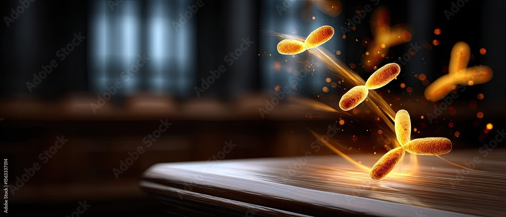 Poster glowing golden bacteria float above an open book, symbolizing the fusion of science and knowledge in