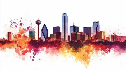Vibrant Watercolor Skyline of Dallas, Texas - Cityscape Art Design