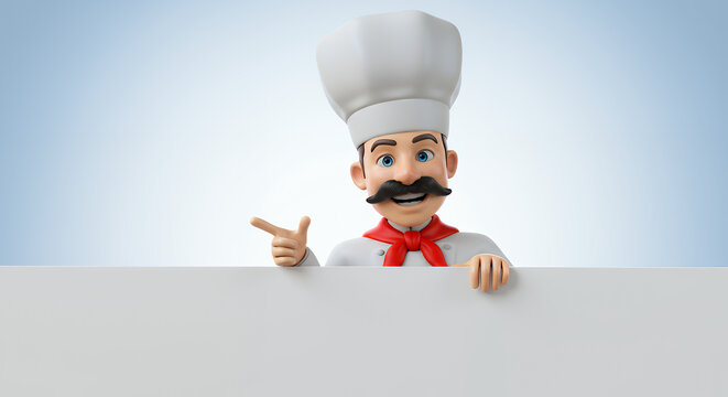 Cartoon Chef Pointing Behind White Banner
