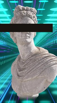Animation of antique sculpture over green and blue neon light trails