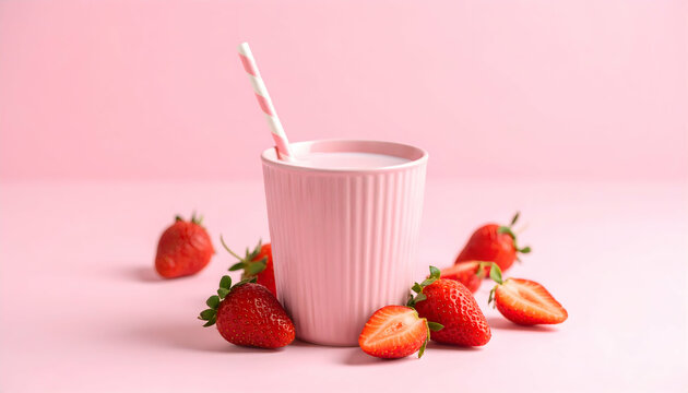 Pink cup with milk and fresh strawberries on pink background