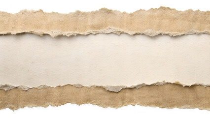 Three layers of torn brown paper with frayed edges are isolated on transparent background
