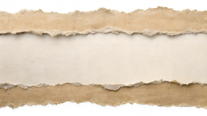 Three layers of torn brown paper with frayed edges are isolated on transparent background