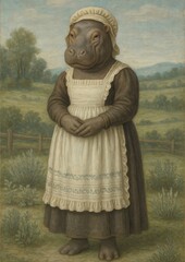 Anthropomorphic hippo in vintage attire.