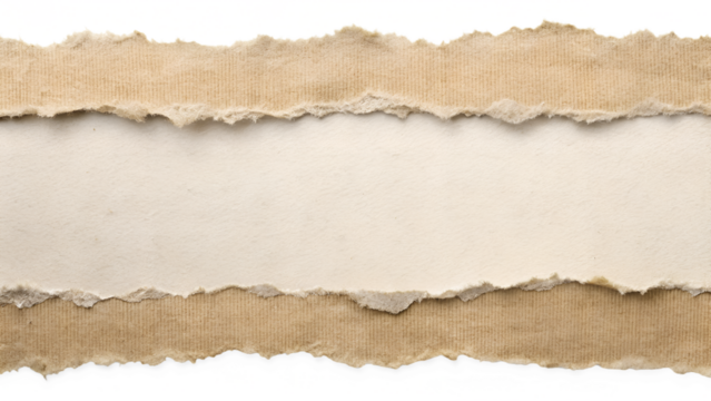Three layers of torn brown paper with frayed edges are isolated on transparent background