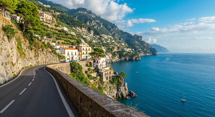 Obraz premium Wide-angle scenic Amalfi Coast with winding road, cliffs, turquoise sea, and sunny sky. 