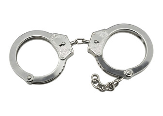  pair of shiny silver handcuffs with a chain link isolated on white background PNG, ai generated