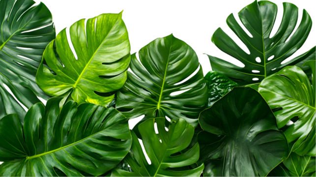 Lush green Monstera deliciosa leaves beautifully arranged against a solid black backdrop creating a vibrant, nature-inspired composition, transparent background