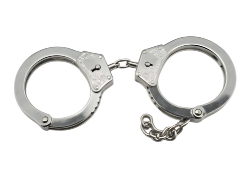  pair of shiny silver handcuffs with a chain link isolated on white background PNG, ai generated