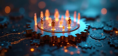 Glowing gear with people icons represents teamwork collaboration in futuristic digital system. Technology-inspired background. Innovation connectivity efficiency in modern digital world. Workflow