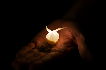 Illuminated Plant Growing in Hand Against Darkness