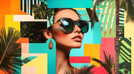 A stylish female model wearing sunglasses in black and white with a modular, vibrant holiday/ vacation vibes, palm trees, colorful, geometric background, fashion poster holiday advertising concept

