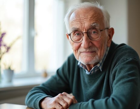 Portrait of senior man with glasses in his home, looking at camera. Elderly grandfather face, wrinkled skin, grey hair, mature age. Healthcare, lifestyle, retirement, senior care, wellbeing.
