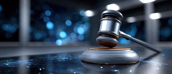 A wooden judge's gavel striking a sounding block on a reflective surface, symbolizing justice and legal authority in a modern, blurred courtroom setting.