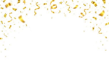 Gold confetti and ribbon falling down on white background celebration and party design. Celebration background template with confetti and gold ribbons.