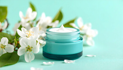Moisturizing cream jar with blooming flowers on teal background