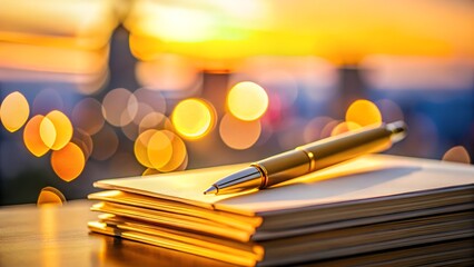 Golden pen rests on stacked notebooks against a bokeh cityscape at sunset