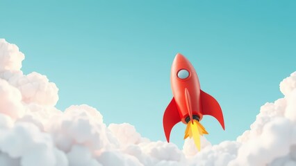Cartoon illustration of a rocket shooting upwards through fluffy white clouds