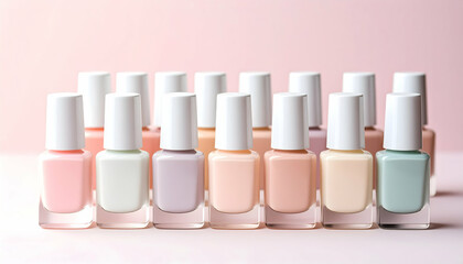 Variety of nail polish bottles arranged in rows with soft pastel colors