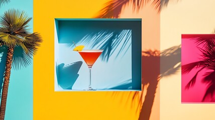 A cocktail on a shelf, 80s retro backdrop, palm tree