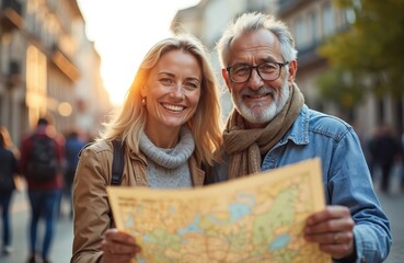 Joyful mature couple explores city, consults map. Happy tourists on vacation looking directions. Smiling man woman enjoy holiday, cheerful mood, travel journey.