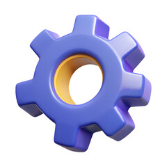 Stylized 3d gear icon with purple and yellow colors isolated on transparent background