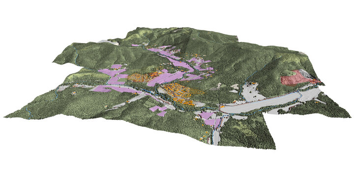 Concept de fond g&eacute;ographique - Donn&eacute;es lidar HD - Vue a&eacute;rienne de la topographie et occupation du sol d'un territoire - Rendu 3d mod&egrave;le num&eacute;rique de terrain et nuage de points Lidar HD