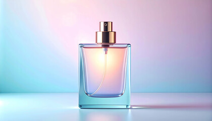 Clear glass perfume bottle with gradient background and spray nozzle