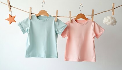 Two pastel children t-shirts hang on clothesline with playful decorations. Minimalist design, warm, soft apparel for baby, kids clothing brands. Mockup pastel concept, creative design for summer