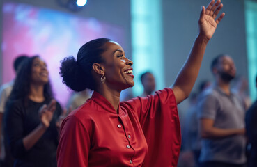 African American woman in red outfit raises hand in church worship service. Joyful face expresses spiritual praise, faith. People in background celebrate gospel music. Christian community gathers for