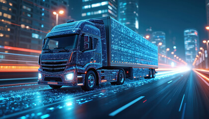 Futuristic autonomous truck drives highway night. AI controls digital logistics, smart delivery system, fast transportation. Modern freight vehicle tech on road, data network.
