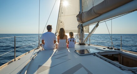 Family enjoys sailing on a sunny day, sitting on the deck of a sailboat